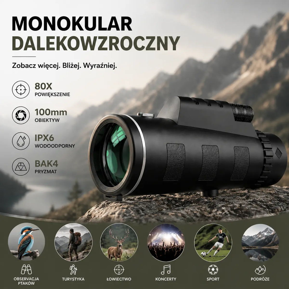 Premiumowy monokularowy teleskop 40×60 – wyraźny obraz, widzenie nocne i robienie zdjęć telefonem podczas przygód na świeżym powietrzu