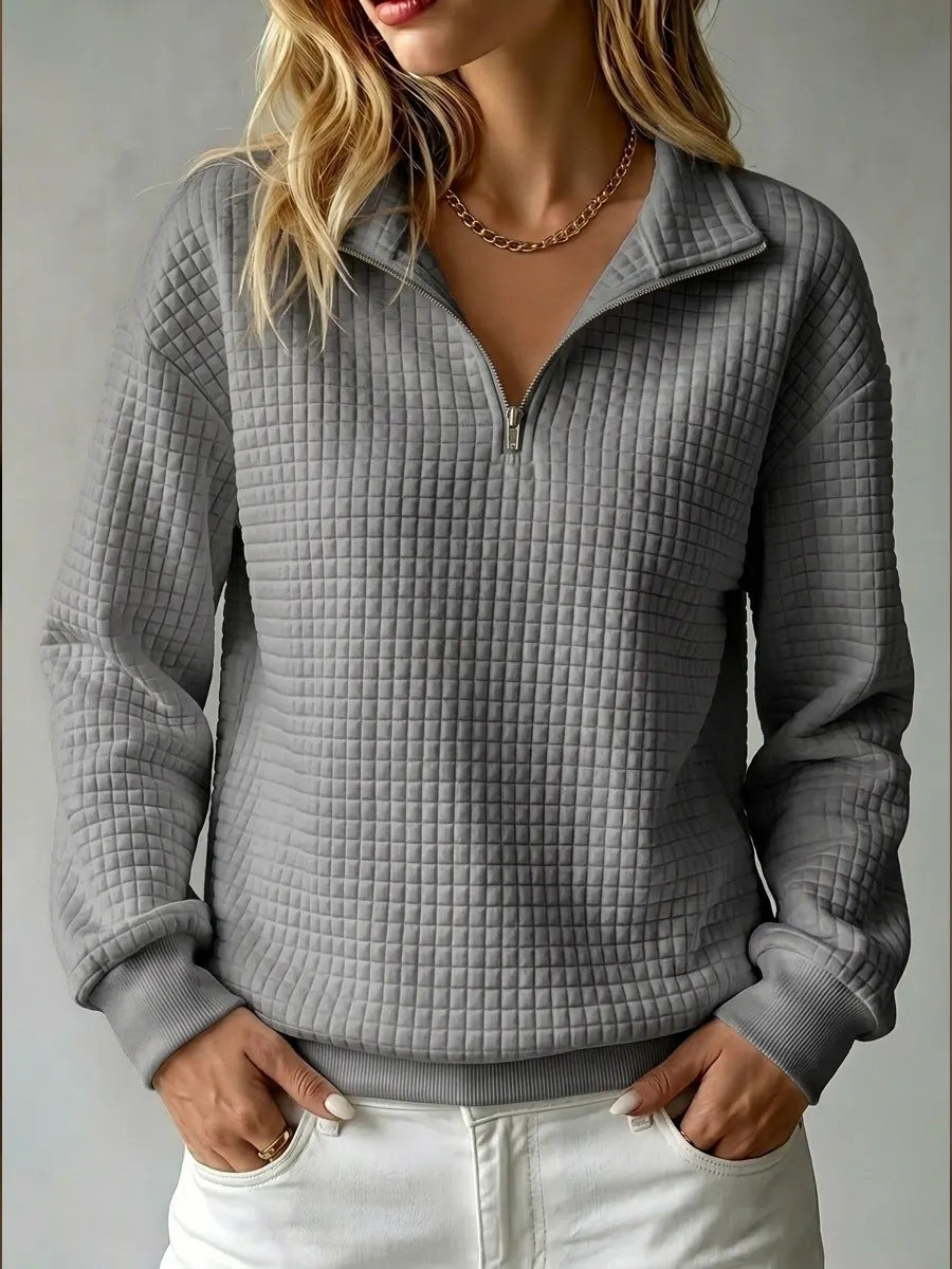🎉 Ekskluzywna oferta dla członków | ✨ Damska bluza z kołnierzykiem i zamkiem – luźny wygodny krój, elegancka kraciasta faktura i młodzieżowy styl na co dzień