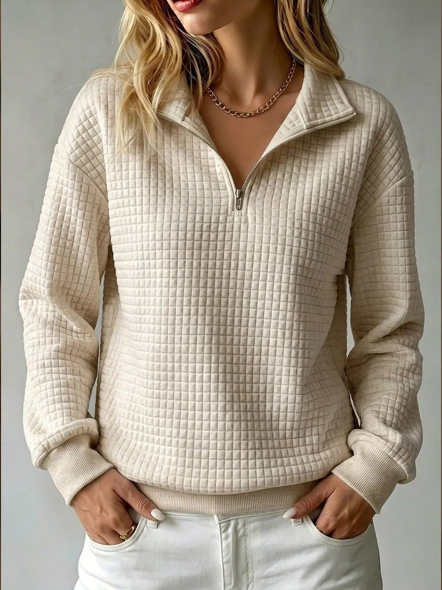 🎉 Ekskluzywna oferta dla członków | ✨ Damska bluza z kołnierzykiem i zamkiem – luźny wygodny krój, elegancka kraciasta faktura i młodzieżowy styl na co dzień