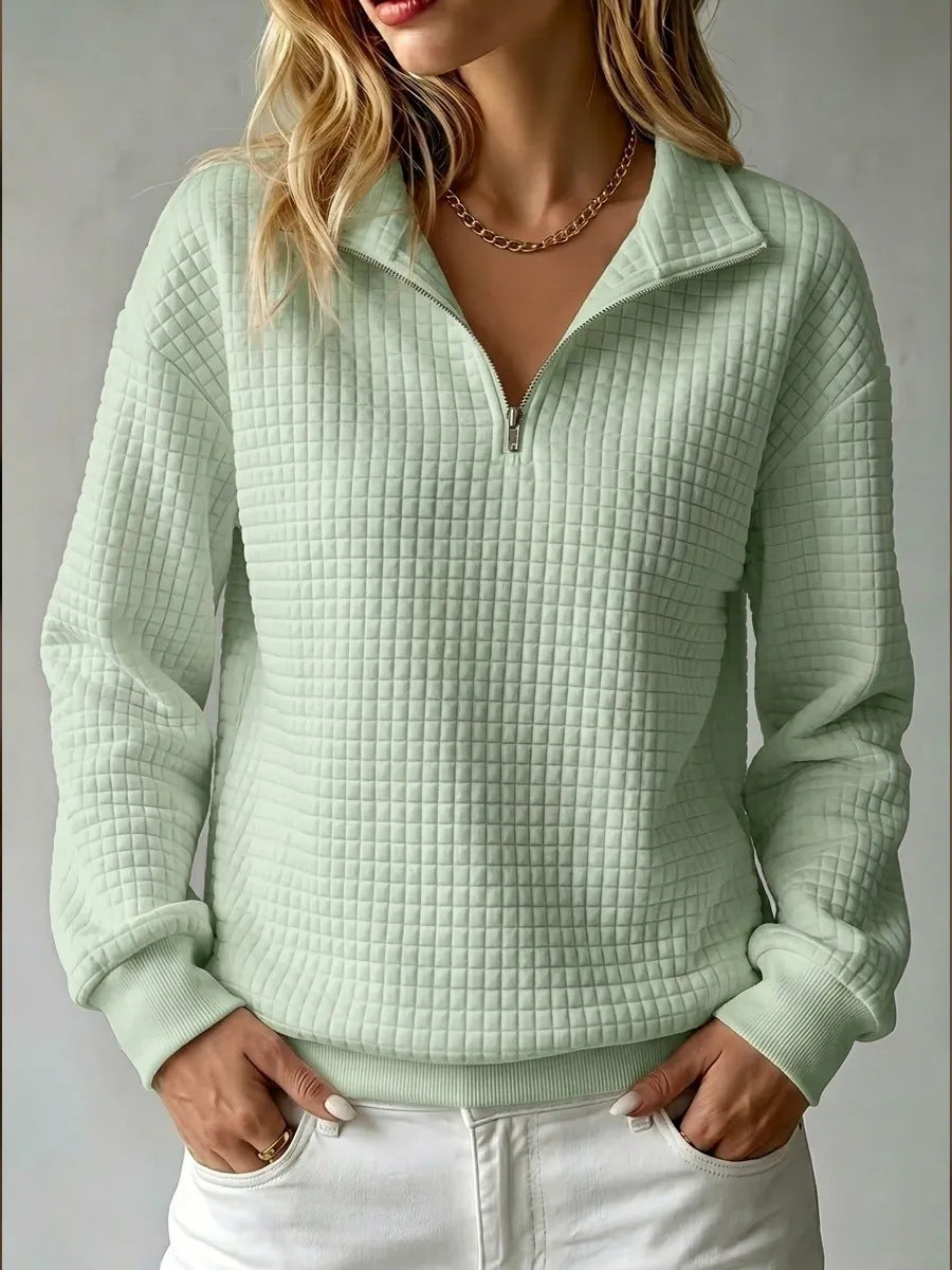 🎉 Ekskluzywna oferta dla członków | ✨ Damska bluza z kołnierzykiem i zamkiem – luźny wygodny krój, elegancka kraciasta faktura i młodzieżowy styl na co dzień