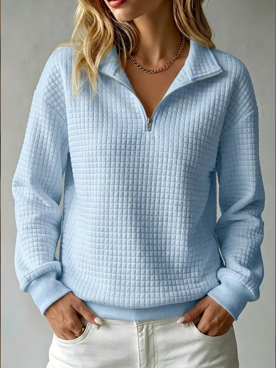 🎉 Ekskluzywna oferta dla członków | ✨ Damska bluza z kołnierzykiem i zamkiem – luźny wygodny krój, elegancka kraciasta faktura i młodzieżowy styl na co dzień