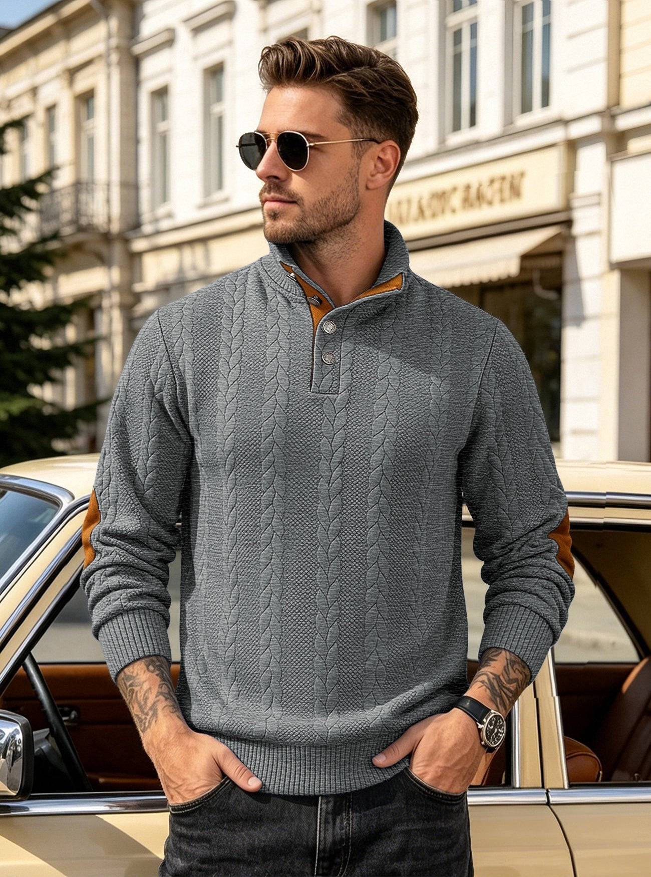 🔥 Luksusowy męski sweter z dzianiny z kołnierzykiem Henley i eleganckim haftem – wygodny styl na co dzień