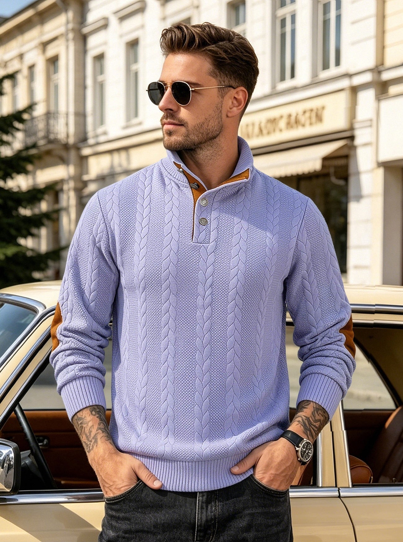 🔥 Luksusowy męski sweter z dzianiny z kołnierzykiem Henley i eleganckim haftem – wygodny styl na co dzień