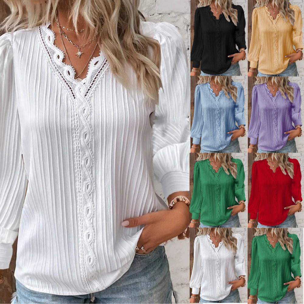 🎉 Ekskluzywna oferta dla członków | Elegancka damska jesienna bluzka zaprojektowana dla dojrzałych kobiet z koronkowym zdobieniem i dekoltem V