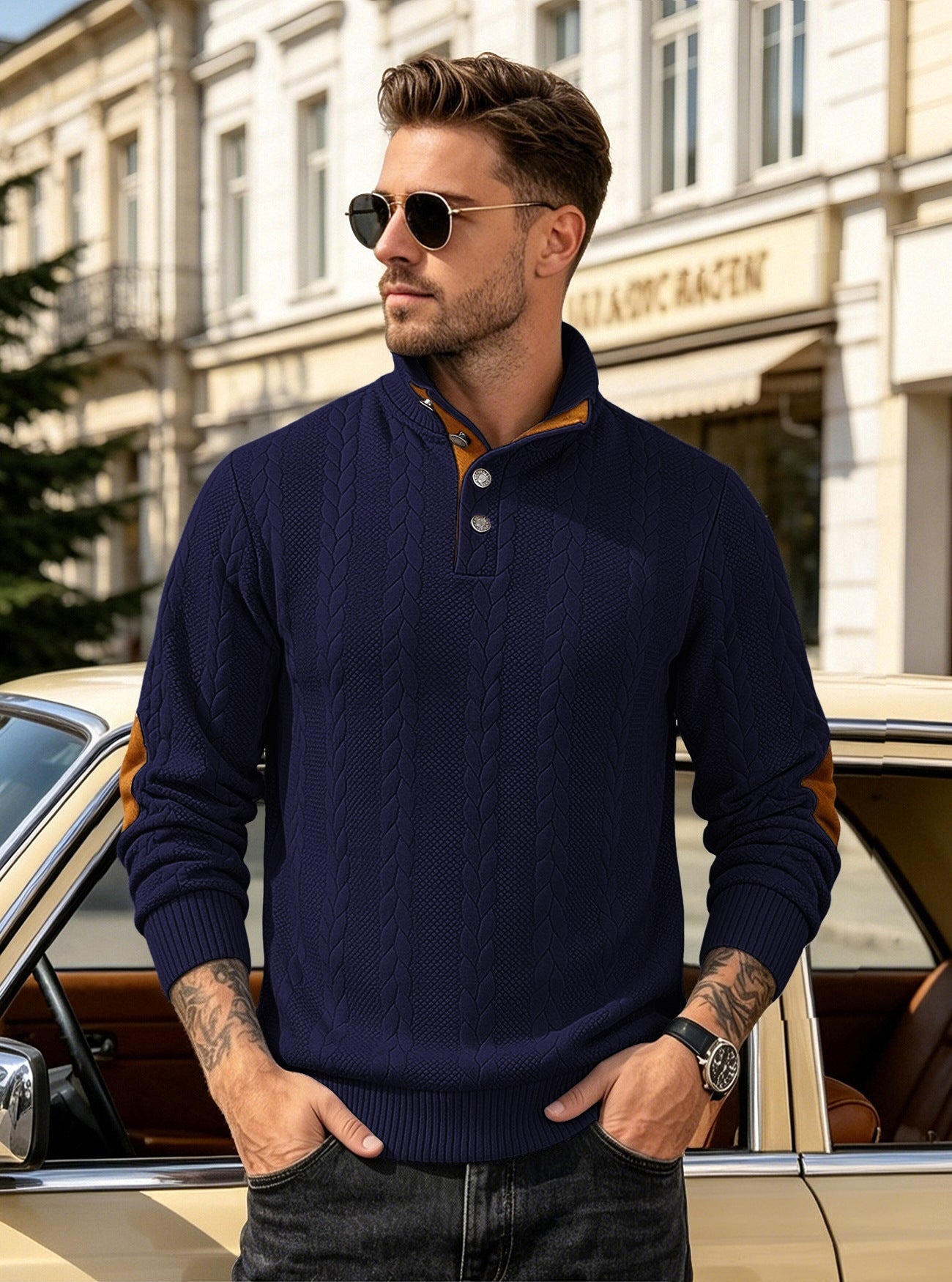 🔥 Luksusowy męski sweter z dzianiny z kołnierzykiem Henley i eleganckim haftem – wygodny styl na co dzień