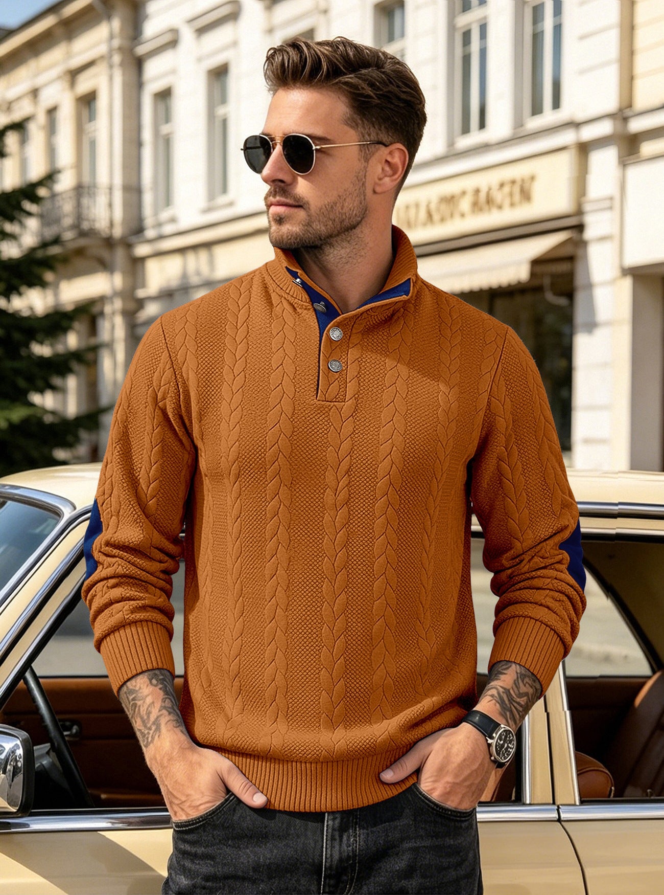 🔥 Luksusowy męski sweter z dzianiny z kołnierzykiem Henley i eleganckim haftem – wygodny styl na co dzień