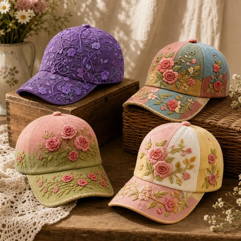 🎉Ekskluzywna oferta dla członków] 🌸 Elegancka damska bawełniana czapka z haftem kwiatowym – regulowany rozmiar 56–60 cm