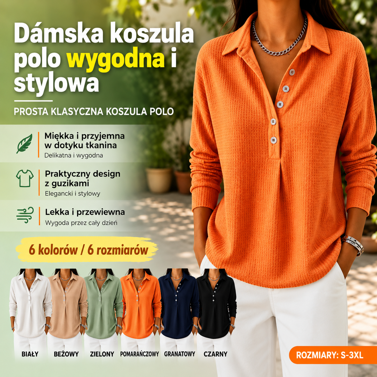 Damska waflowa bluza z kołnierzykiem – stylowy dekolt w kształcie litery V, długie rękawy i komfort na co dzień