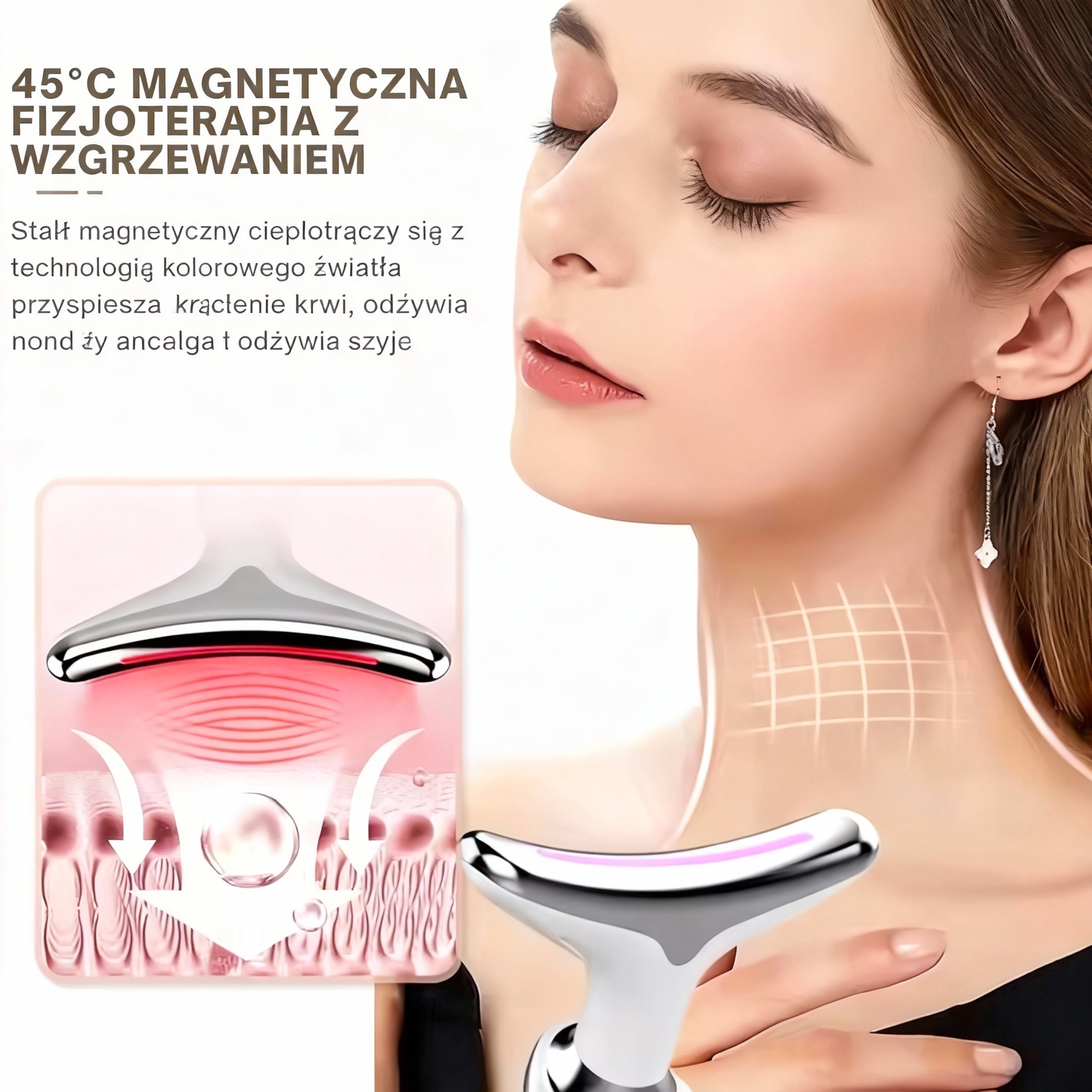 Modelujący aparat z czerwonym światłem do twarzy, szyi i ramion ✨ Zaprojektowany specjalnie dla dojrzałej skóry kobiet, pomaga uzyskać gładsze i jędrniejsze kontury skóry 💆‍♀️