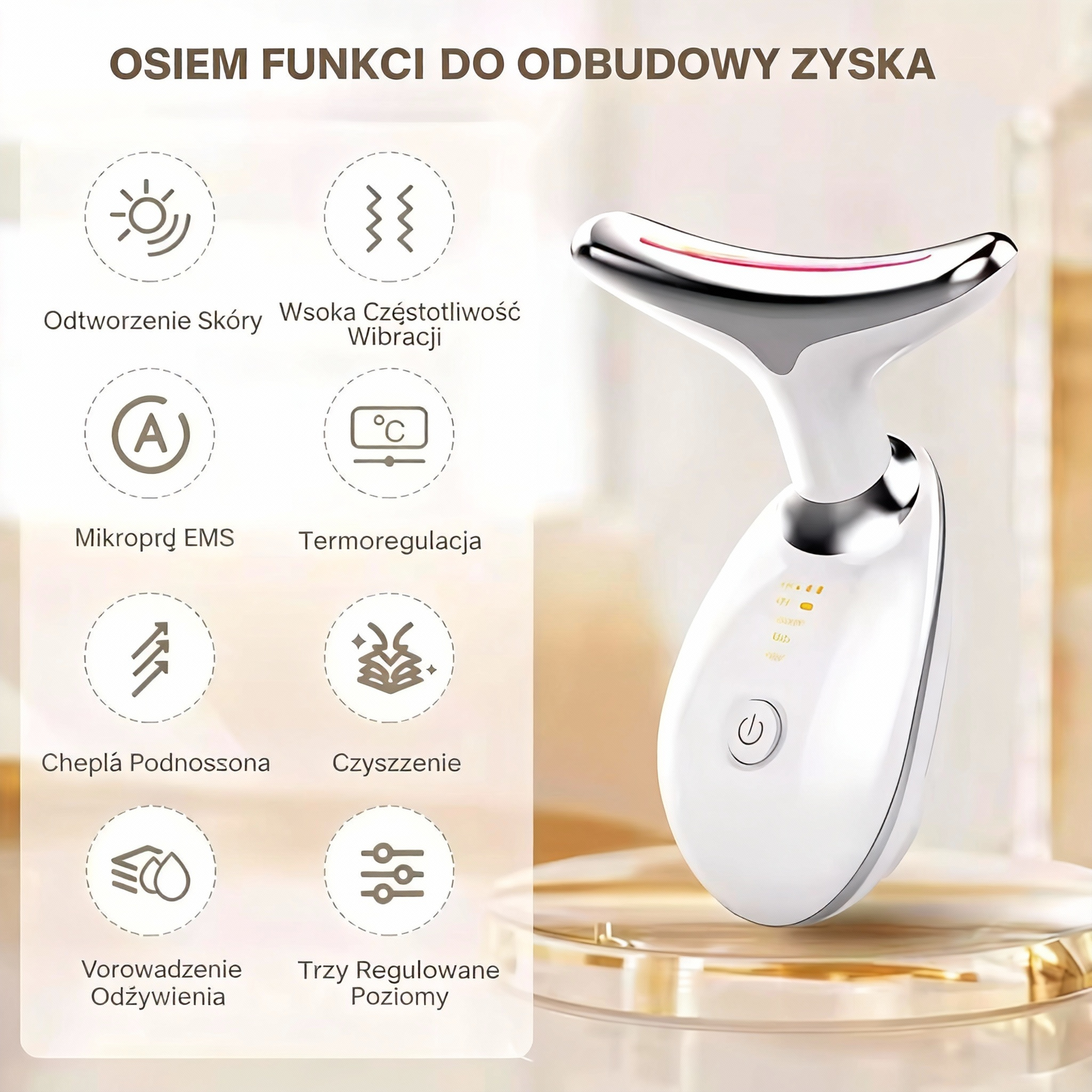 Modelujący aparat z czerwonym światłem do twarzy, szyi i ramion ✨ Zaprojektowany specjalnie dla dojrzałej skóry kobiet, pomaga uzyskać gładsze i jędrniejsze kontury skóry 💆‍♀️