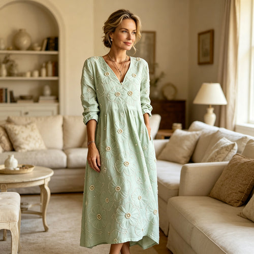 🎉 Ekskluzywna oferta dla członków ✨ Luksusowa letnia sukienka maxi z haftem perłowym dla kobiet w średnim wieku – elegancja i wygoda na każdą okazję