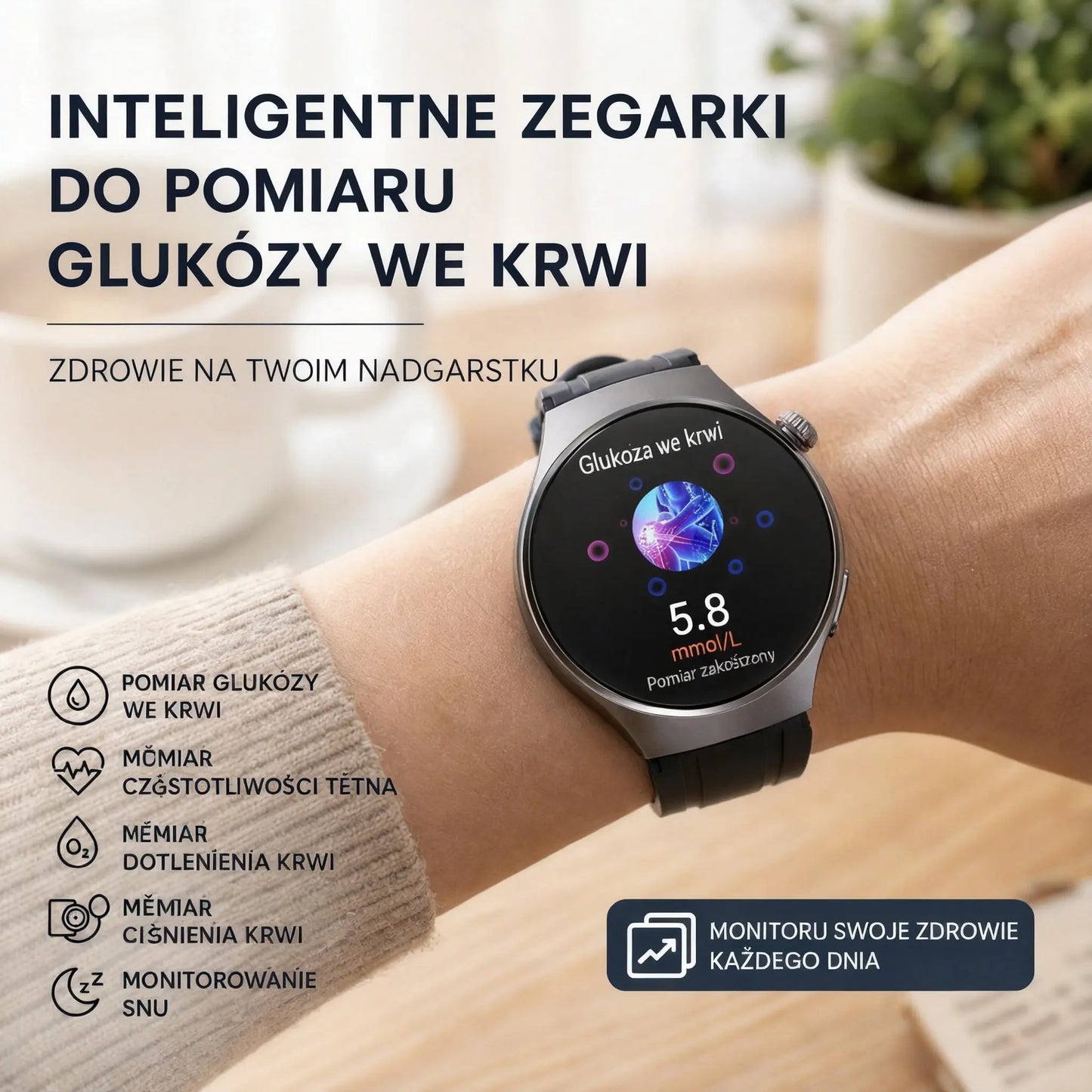 Smartwatch Bluetooth do kontroli zdrowia – monitorowanie poziomu cukru we krwi, snu, aktywności sportowej oraz wodoodporny okrągły design