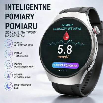 Smartwatch Bluetooth do kontroli zdrowia – monitorowanie poziomu cukru we krwi, snu, aktywności sportowej oraz wodoodporny okrągły design