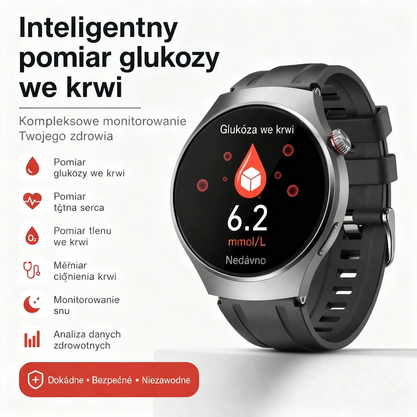 Smartwatch Bluetooth do kontroli zdrowia – monitorowanie poziomu cukru we krwi, snu, aktywności sportowej oraz wodoodporny okrągły design